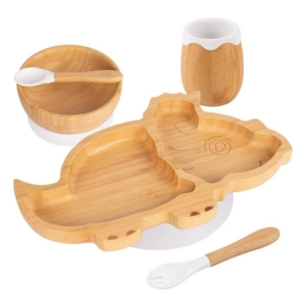 5pc Tiny Dining White Bamboo Dinosaur Baby Weaning Set Feeding Suction Plate