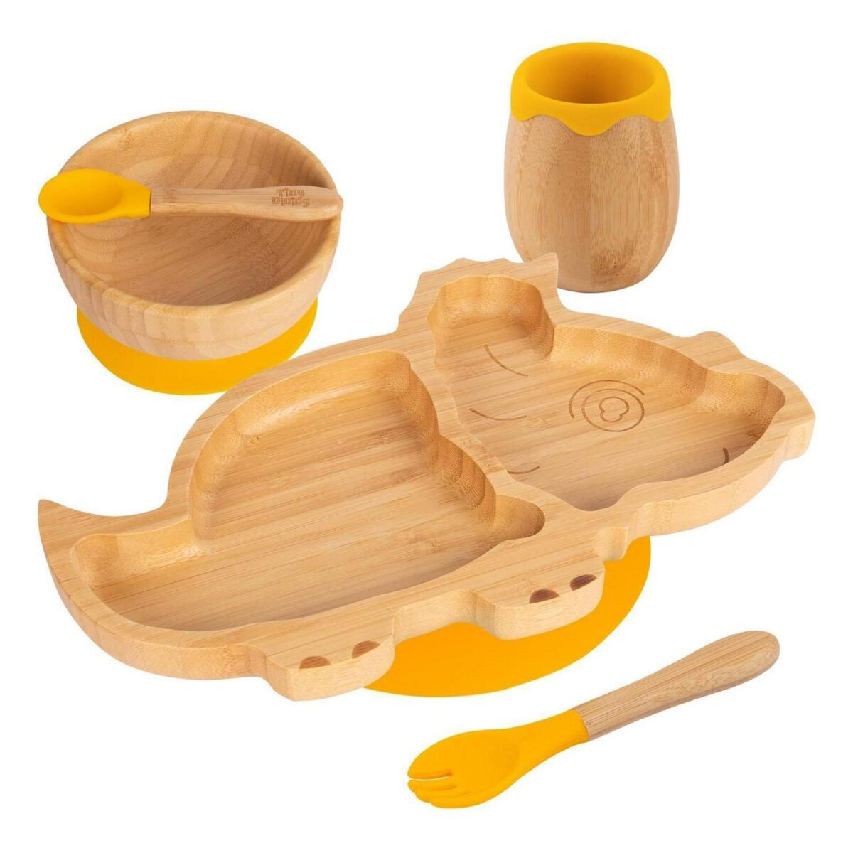 5pc Tiny Dining Yellow Bamboo Dinosaur Baby Weaning Set Feeding Suction Plate - Image 1
