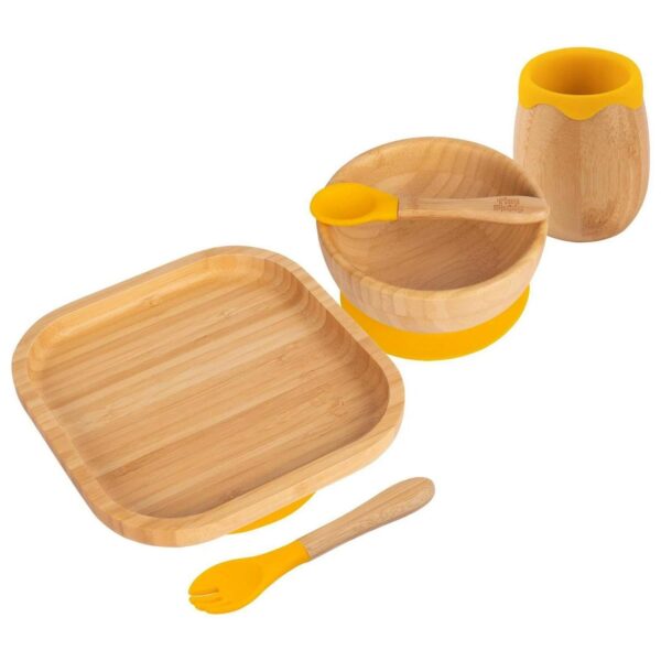 5pc Tiny Dining Yellow Bamboo Square Baby Weaning Set Feeding Suction Plate