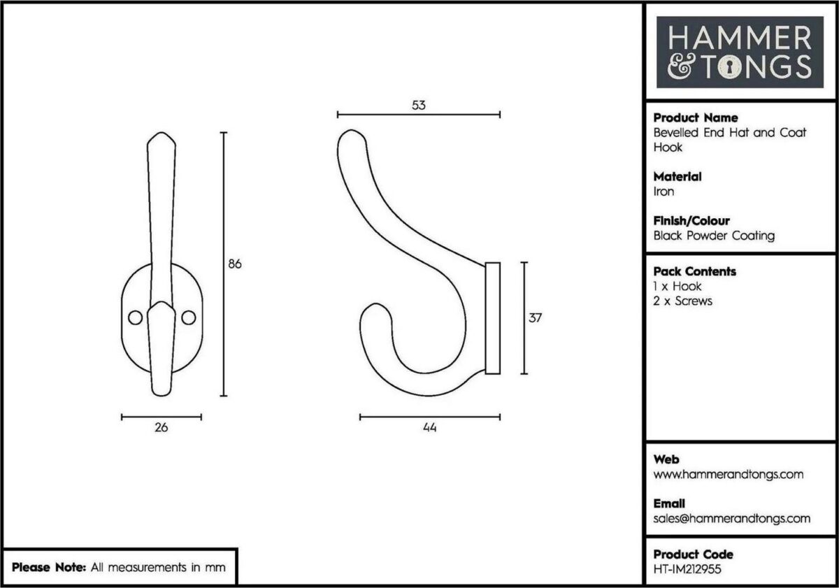 5x Bevelled End Hat and Coat Hook Cast Iron Vintage Style W25mm x H85mm Black - Image 5