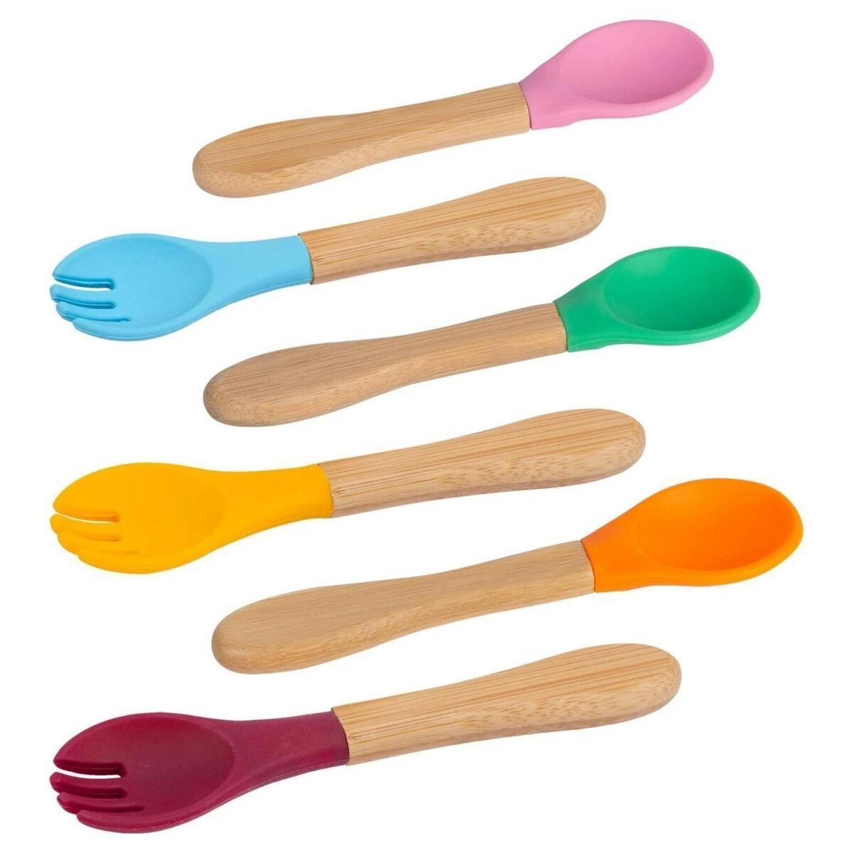 6pc Tiny Dining Multicolour Bamboo Baby Weaning Forks with Silicone Tip Set - Image 1
