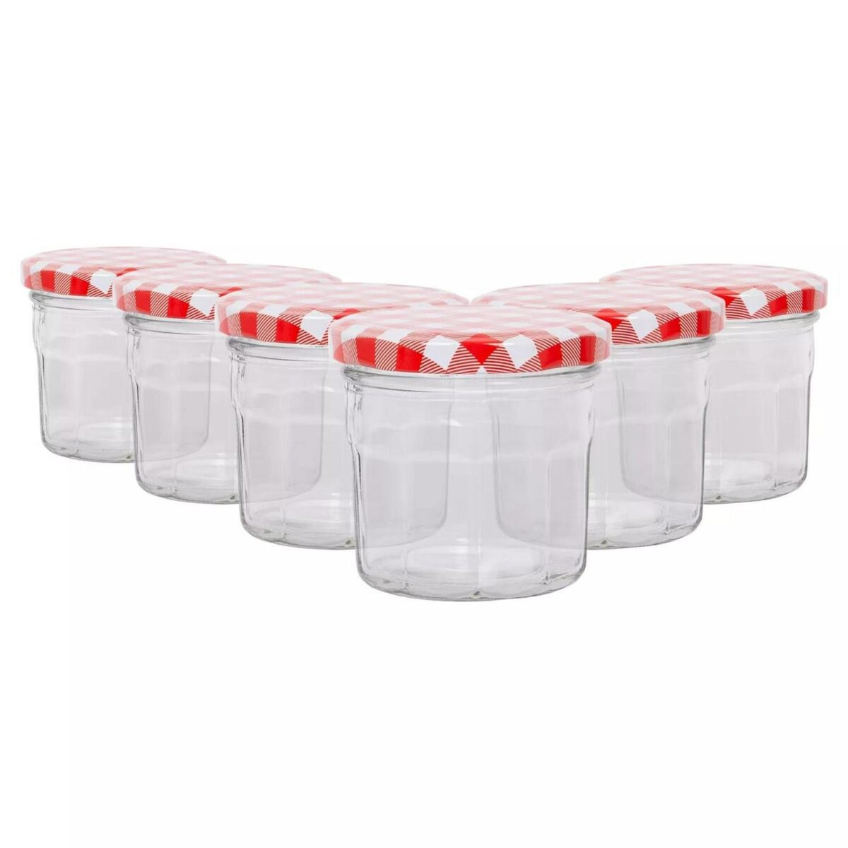 6x 130ml Glass Jam Jars with Red Gingham Lids Chutney Preserve Honey Storage - Image 1