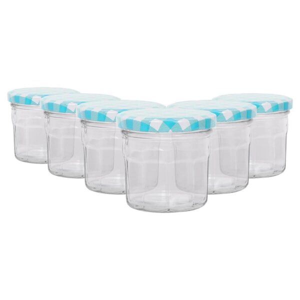 6x 130ml Glass Jam Jars with Blue Gingham Lids Chutney Preserve Honey Storage