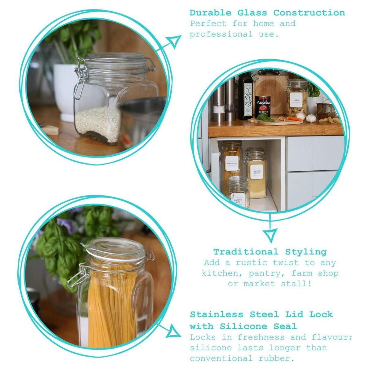6x 2L Square Glass Jars with Clip-Top Lids Airtight Food Storage Canister - Image 2