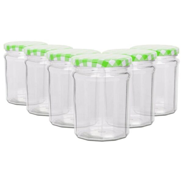 6x 380ml Glass Jam Jars with Green Gingham Lids Chutney Preserve Honey Storage