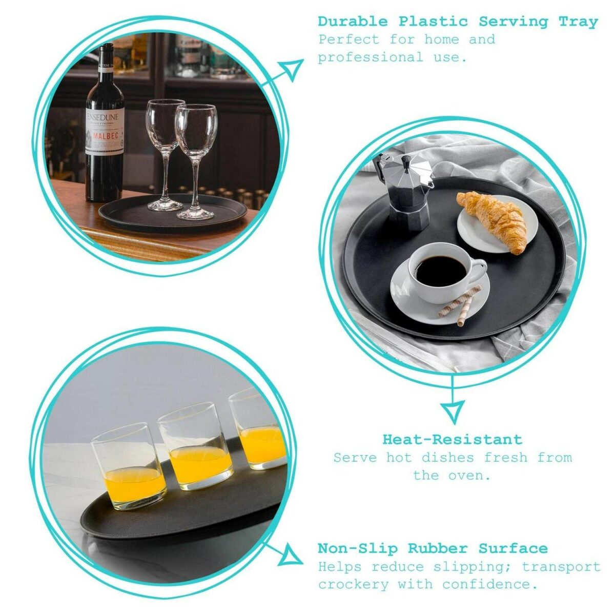 6x Black 45.5cm Round Non-Slip Serving Trays Plastic Food Tea Dinner Trays - Image 2