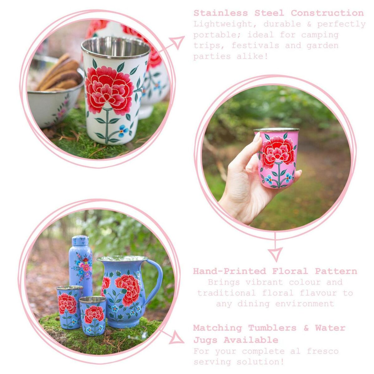 6x Carbon Peony 400ml Stainless Steel Hand-Painted Picnic Cups - Image 2