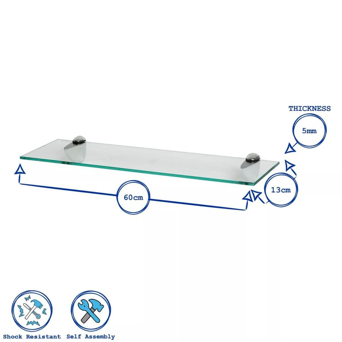 6x Clear 60cm Floating Glass Wall Shelves Bathroom Shelf with Chrome Brackets - Image 3