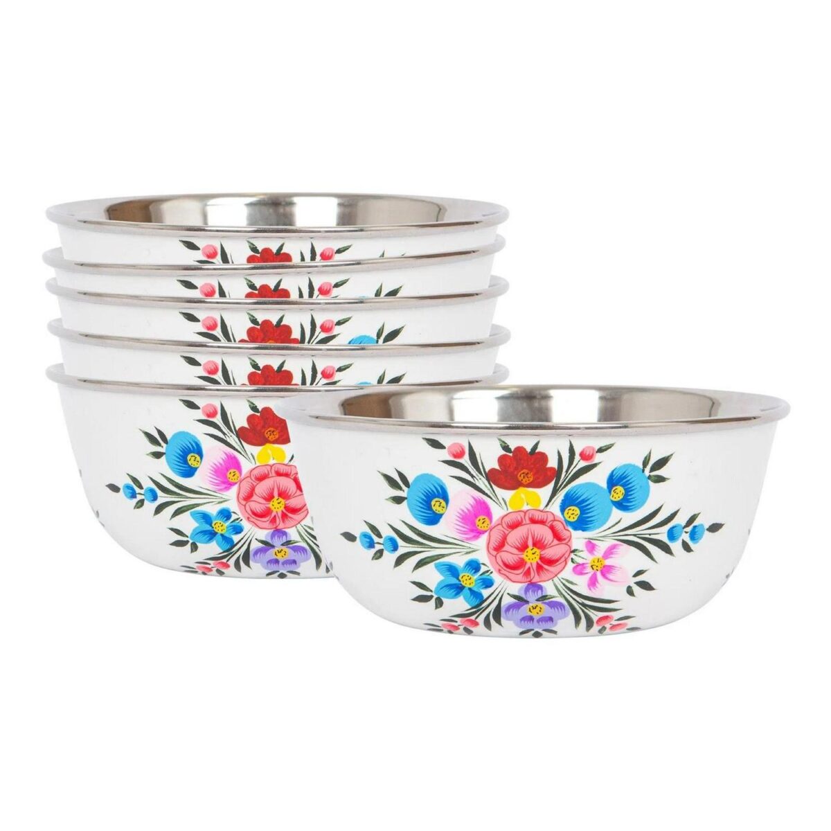 6x Cotton Pansy 14.5cm Stainless Steel Hand-Painted Picnic Snack Bowls - Image 1
