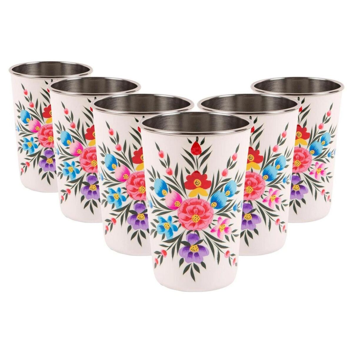 6x Cotton Pansy 400ml Stainless Steel Picnic Tumblers Reusable Party BBQ Set - Image 1