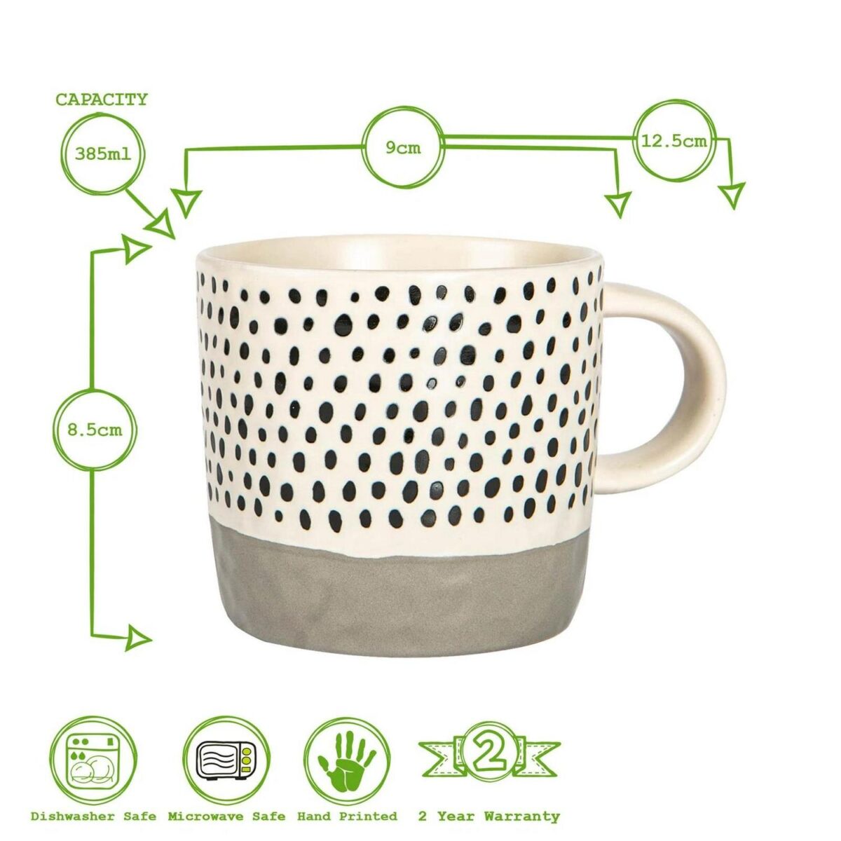 6x Dipped Dotty Stoneware Coffee Mugs Large Rustic Tea Cups Set 385ml Grey - Image 3