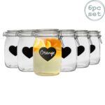 6x Embossed Heart Storage Preserving Jars with Seals Chalkboard Labels 1L