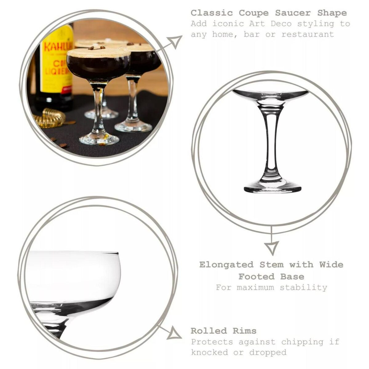 6x Espresso Martini Cocktail Glasses Set Champagne Coupe Saucers 200ml - Image 2