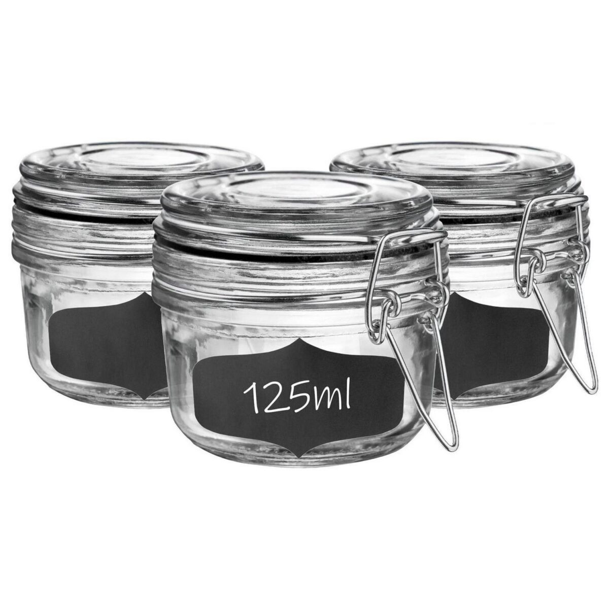 6x Glass Storage Jars and Labels Vintage Food Container 125ml Black Seal - Image 1