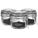 6x Glass Storage Jars and Labels Vintage Food Container 125ml Black Seal