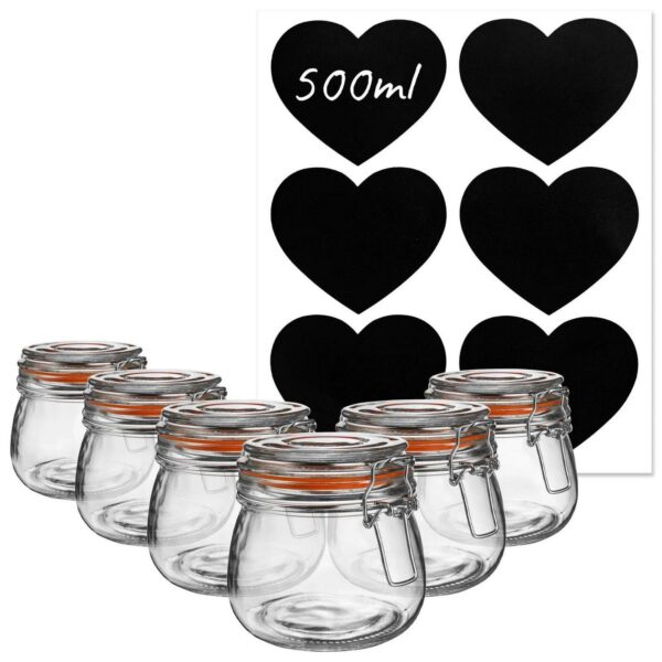 6x Glass Storage Jars and Labels Vintage Food Container 500ml Orange Seal