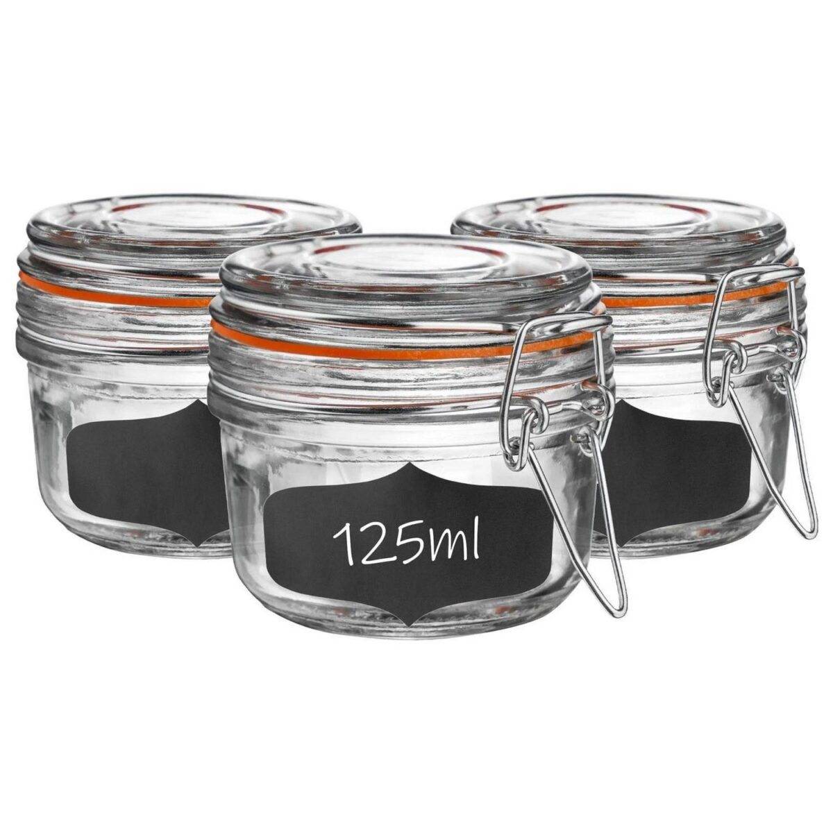 6x Glass Storage Jars and Labels Vintage Food Container 125ml Orange Seal - Image 1
