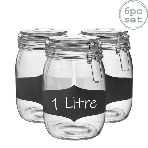 6x Glass Storage Jars and Labels Vintage Food Container 1 Litre Clear Seal