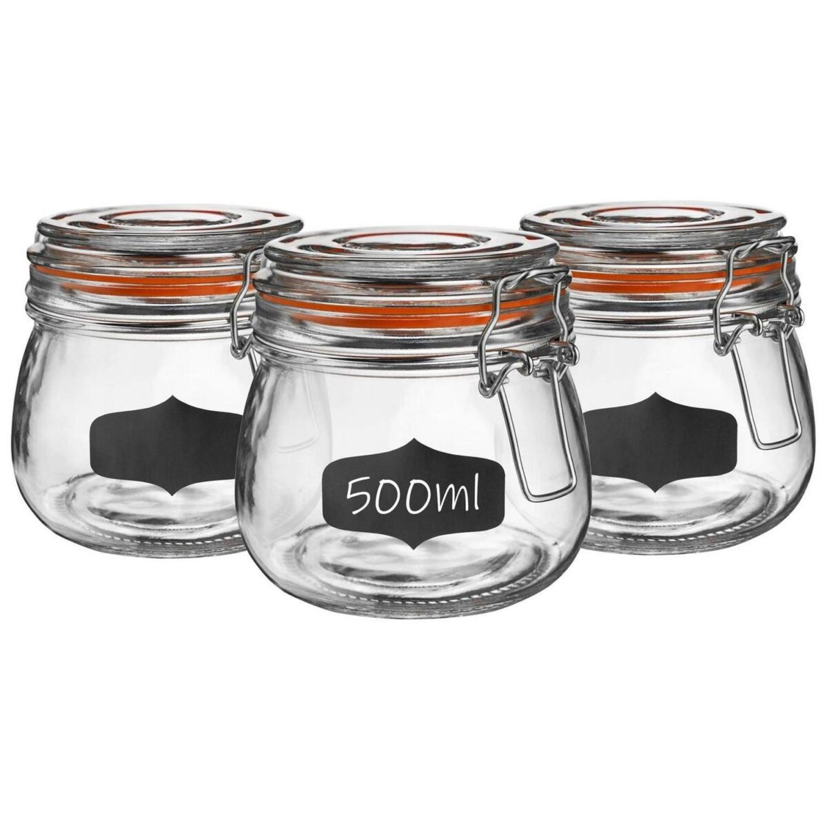 6x Glass Storage Jars and Labels Vintage Food Container 500ml Orange Seal - Image 1