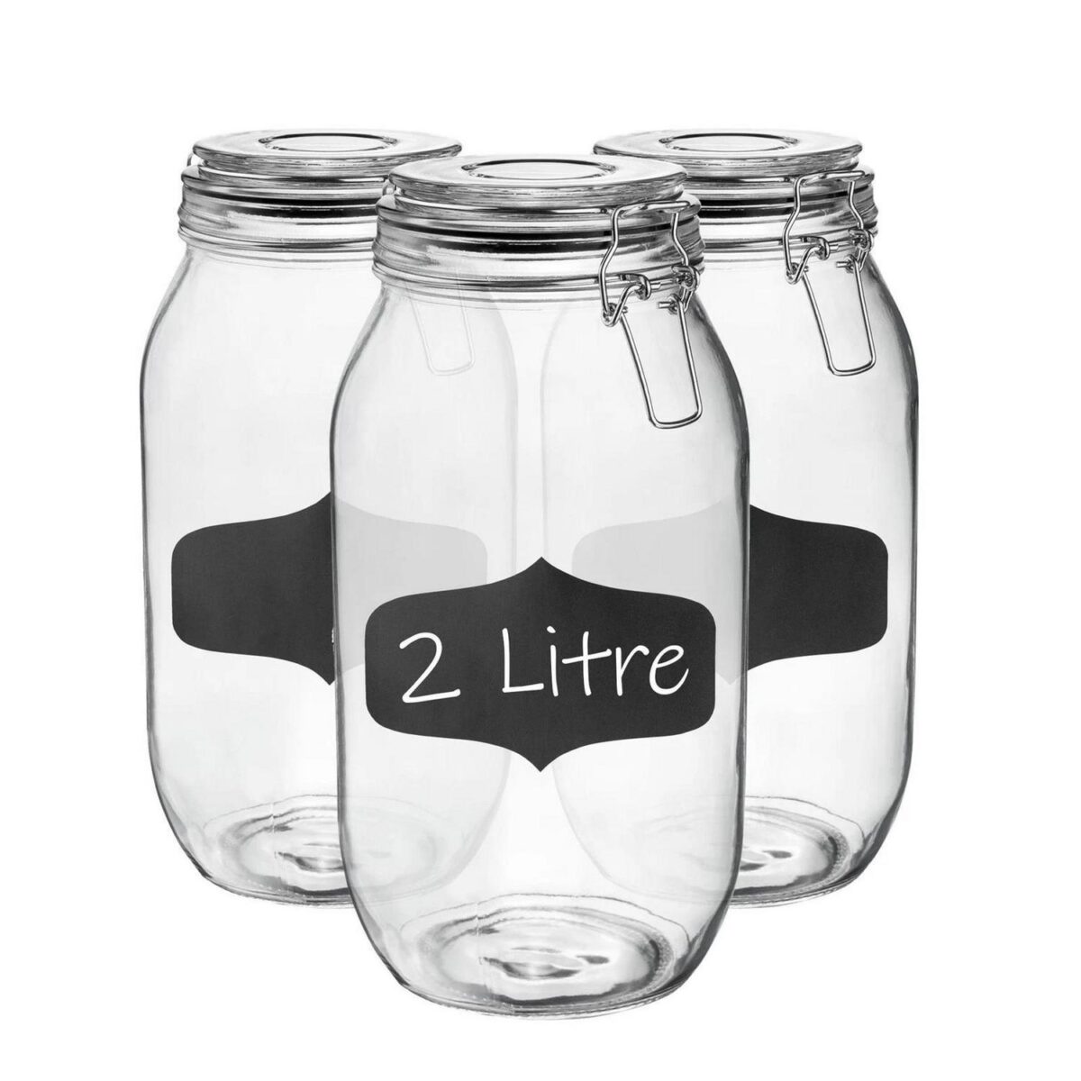 6x Glass Storage Jars and Labels Vintage Food Container 2 Litre Black Seal - Image 1