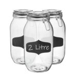 6x Glass Storage Jars and Labels Vintage Food Container 2 Litre Black Seal