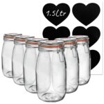 6x Glass Storage Jars and Labels Vintage Food Container 1.5 Litre Orange Seal