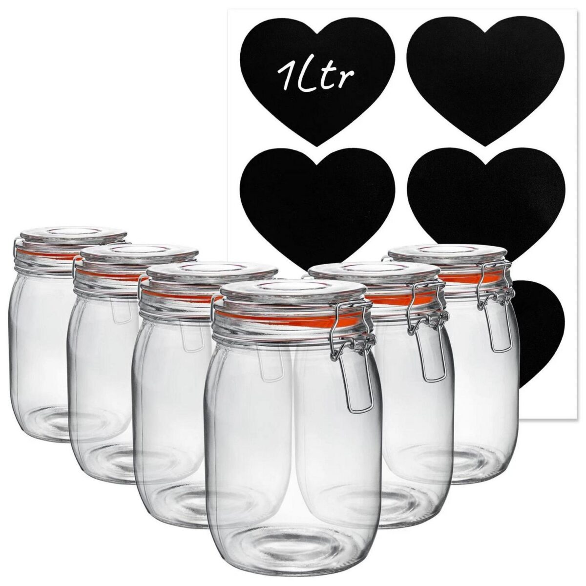 6x Glass Storage Jars and Labels Vintage Food Container 1 Litre Orange Seal - Image 1