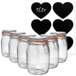 6x Glass Storage Jars and Labels Vintage Food Container 1 Litre Orange Seal