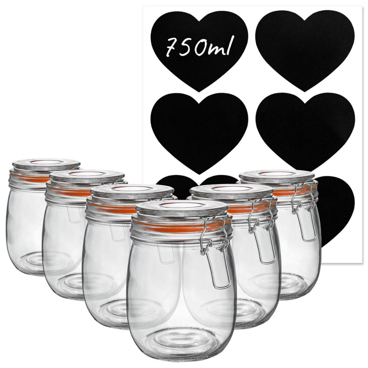 6x Glass Storage Jars and Labels Vintage Food Container 750ml Orange Seal - Image 1
