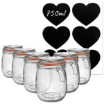 6x Glass Storage Jars and Labels Vintage Food Container 750ml Orange Seal