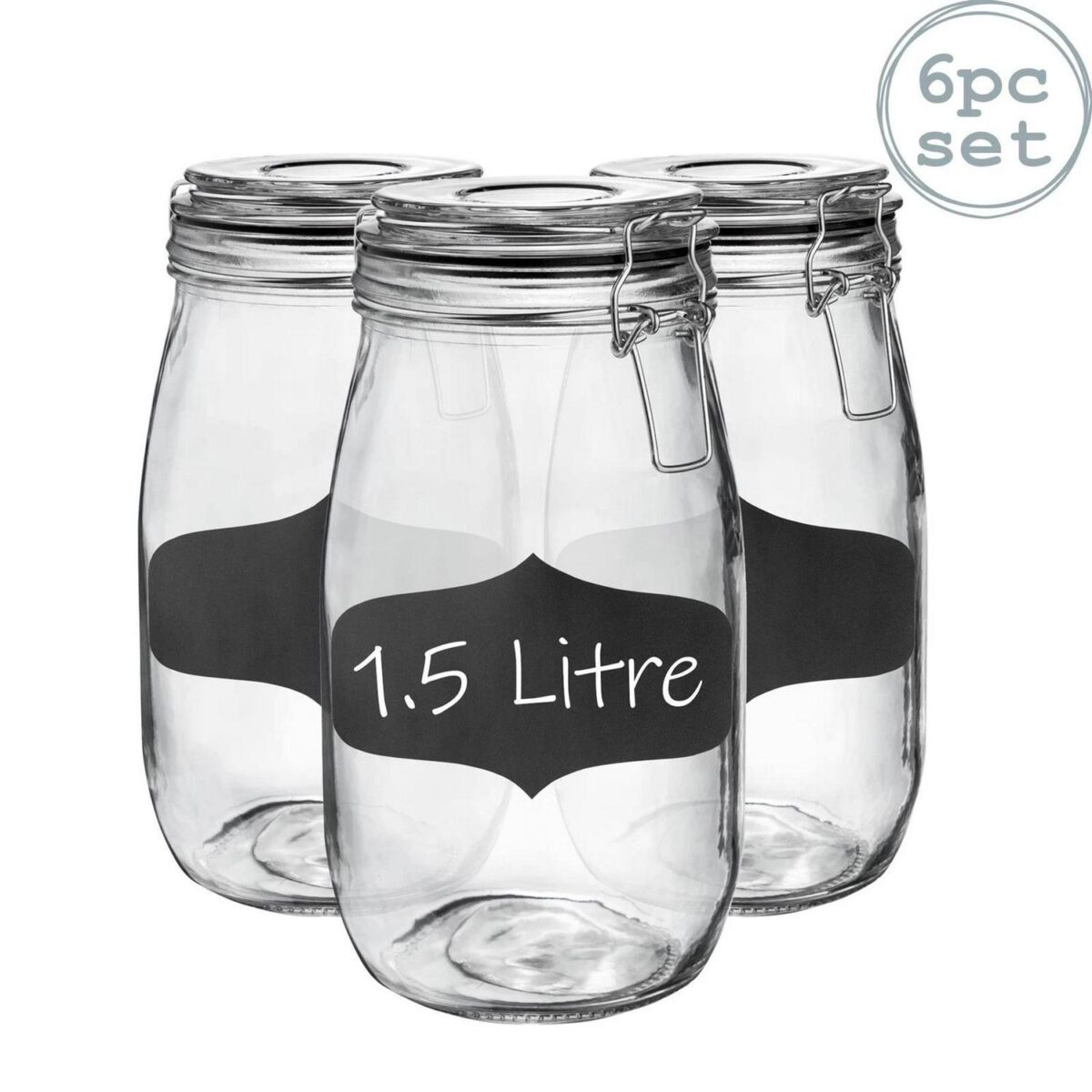 6x Glass Storage Jars and Labels Vintage Food Container 1.5 Litre Black Seal - Image 1