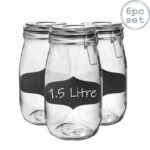 6x Glass Storage Jars and Labels Vintage Food Container 1.5 Litre Black Seal