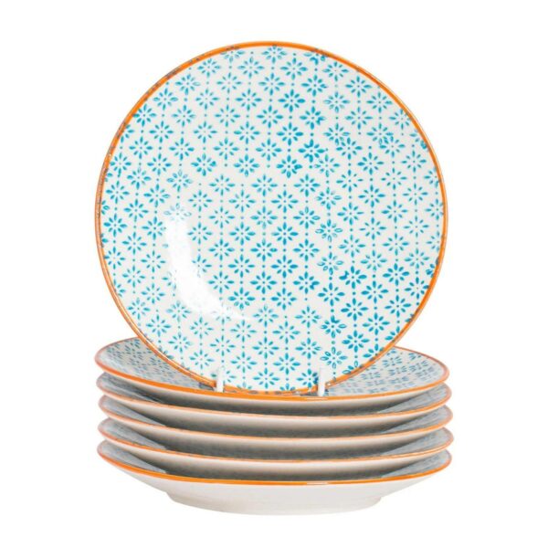 6x Hand-Printed Side Plates Japanese Dessert Dining Crockery 18cm Blue