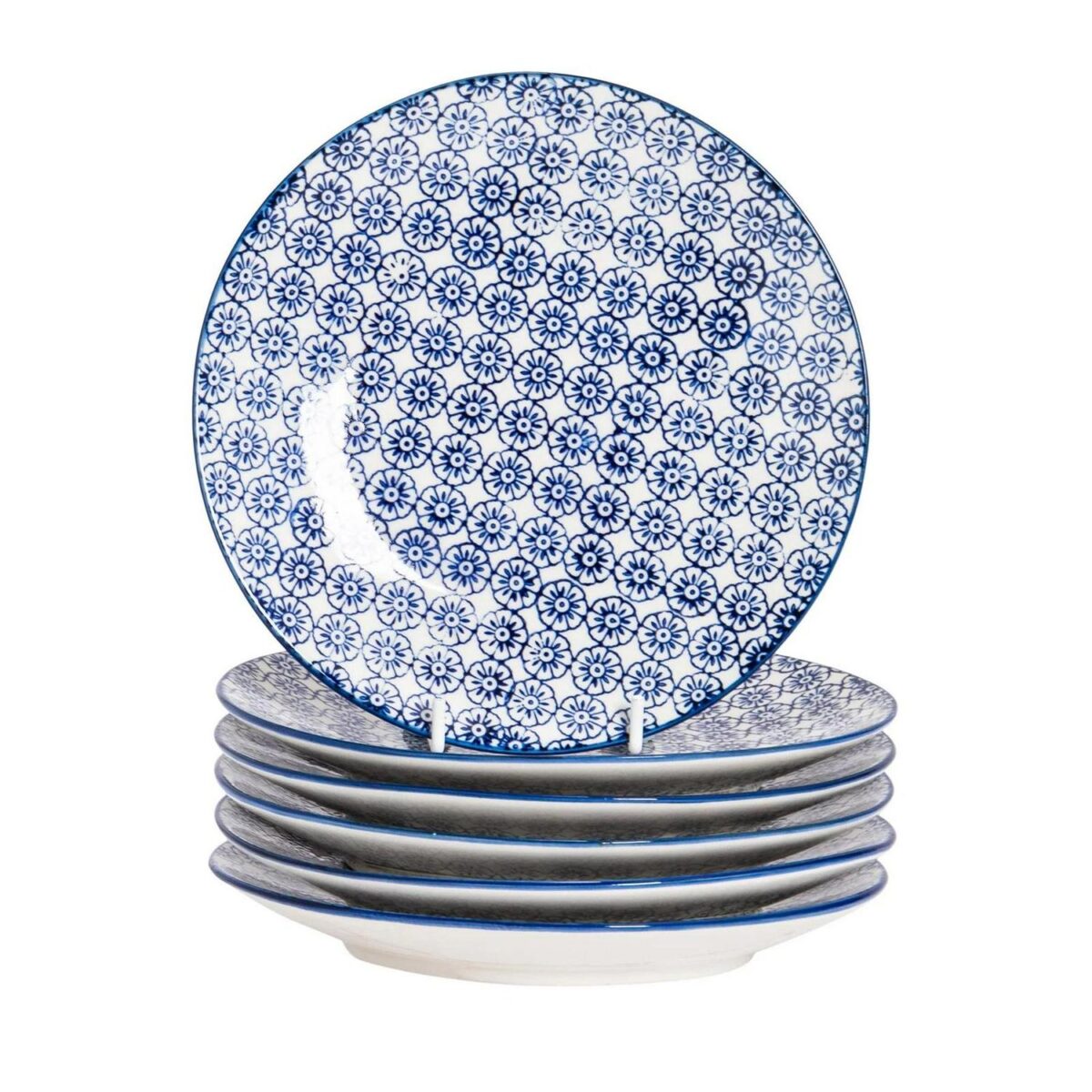 6x Hand-Printed Side Plates Japanese Dessert Dining Crockery 18cm Navy - Image 1