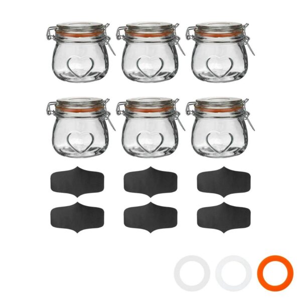 6x Heart Glass Storage Jars with Labels Food Container Clip 500ml Orange Seal