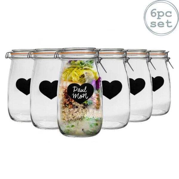 6x Heart Glass Storage Jars with Labels Food Clip 1.5 Litre White Seal