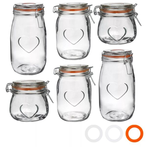 6x Heart Glass Storage Jars Food Container Clip Lid 3 Sizes Orange Seal