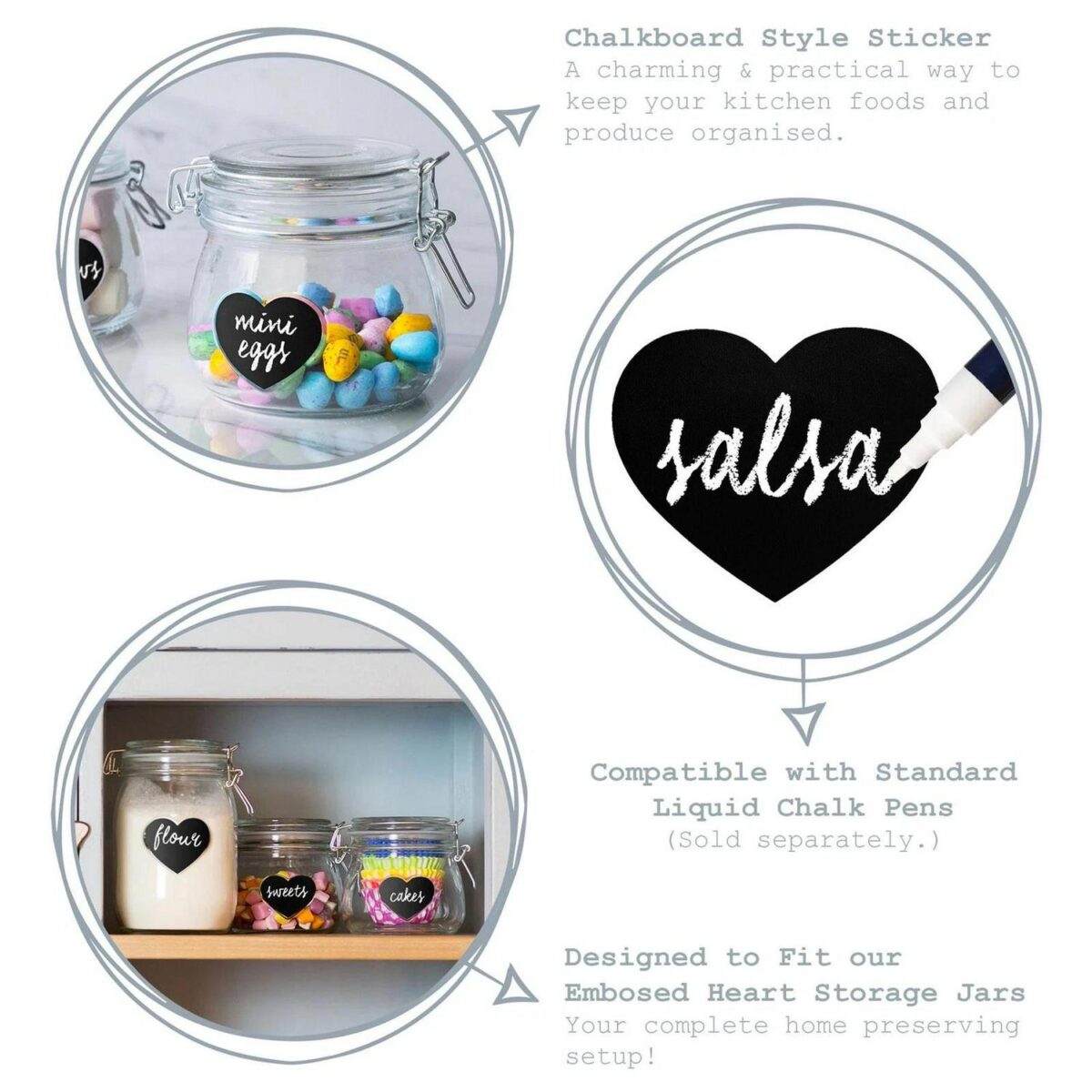 6x Heart Glass Storage Jar Labels Food Preserving Container 6.5 x 5cm Black - Image 2