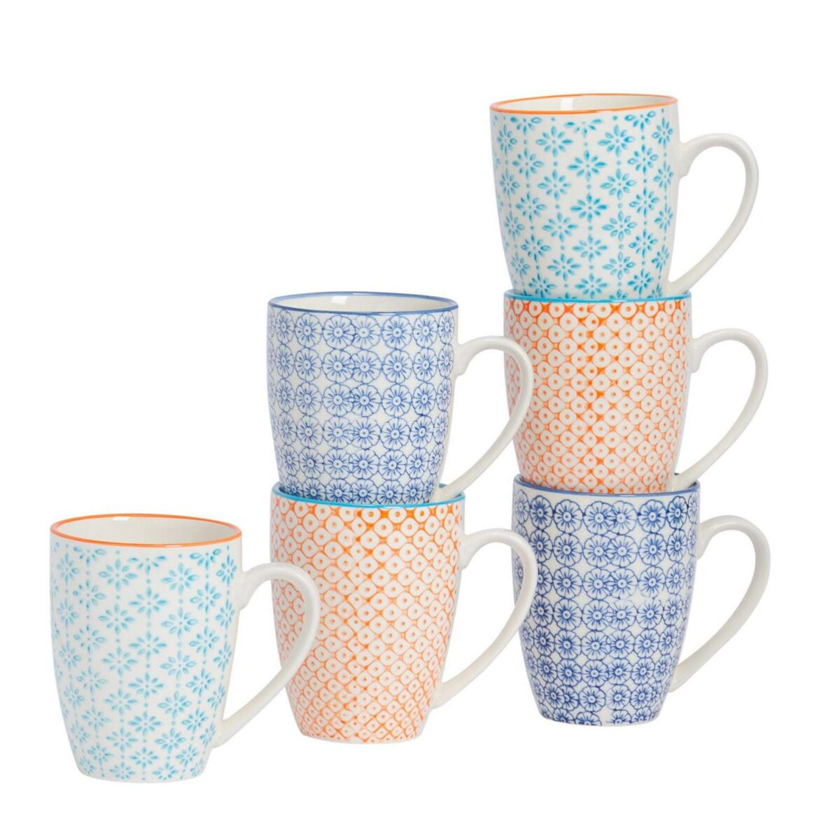 6x Nicola Spring Hand Printed Coffee Mugs Patterned Coffee Tea Mugs 360ml - Image 1