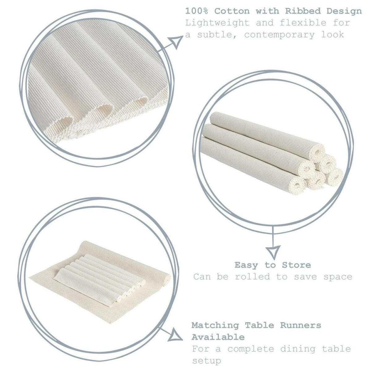 6x Ribbed Cotton Placemats Soft Woven Washable Dining Table Mats 48 x 33cm - Image 2