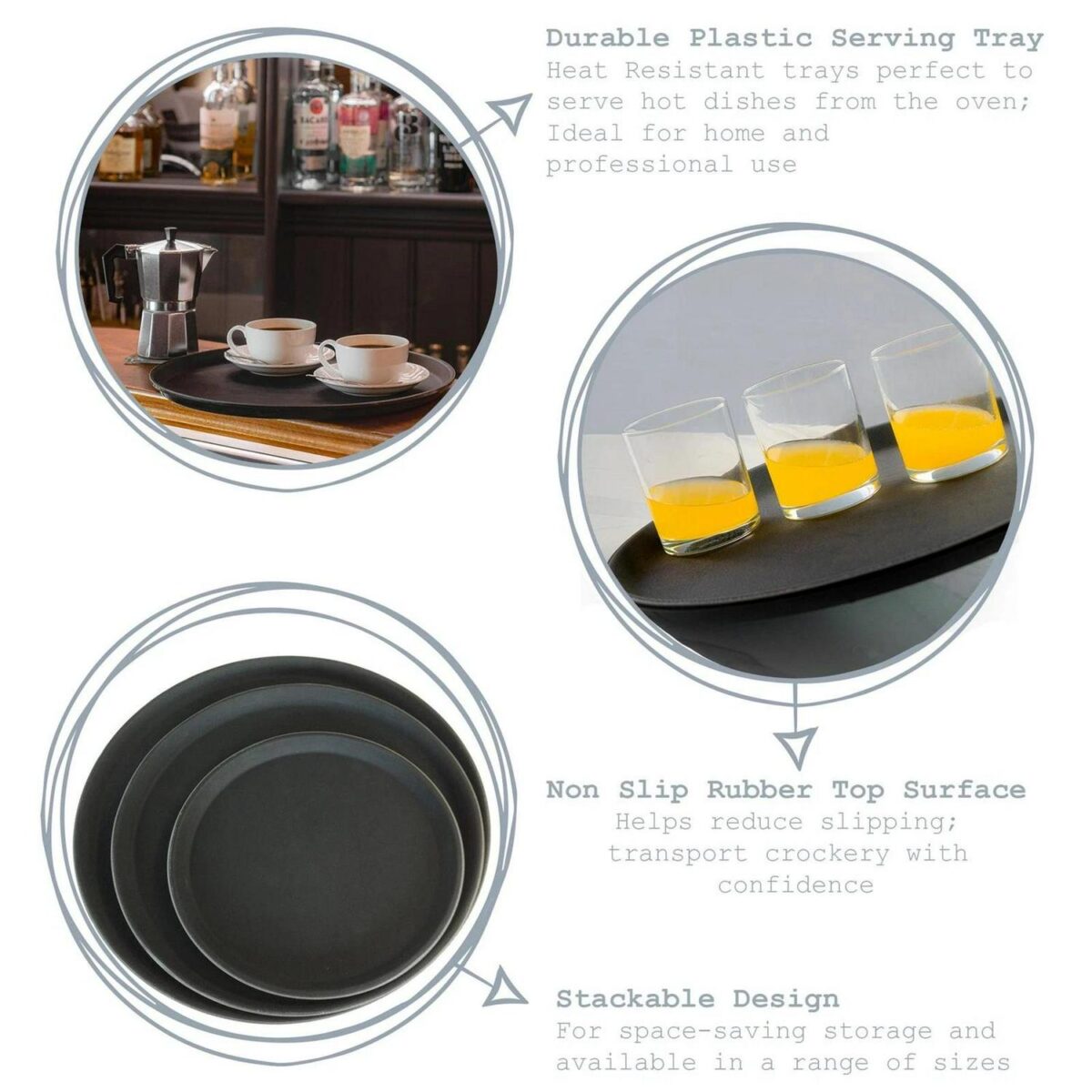 6x Round Non-Slip Serving Trays Rubber Barware Drinks Service 28cm Black - Image 2