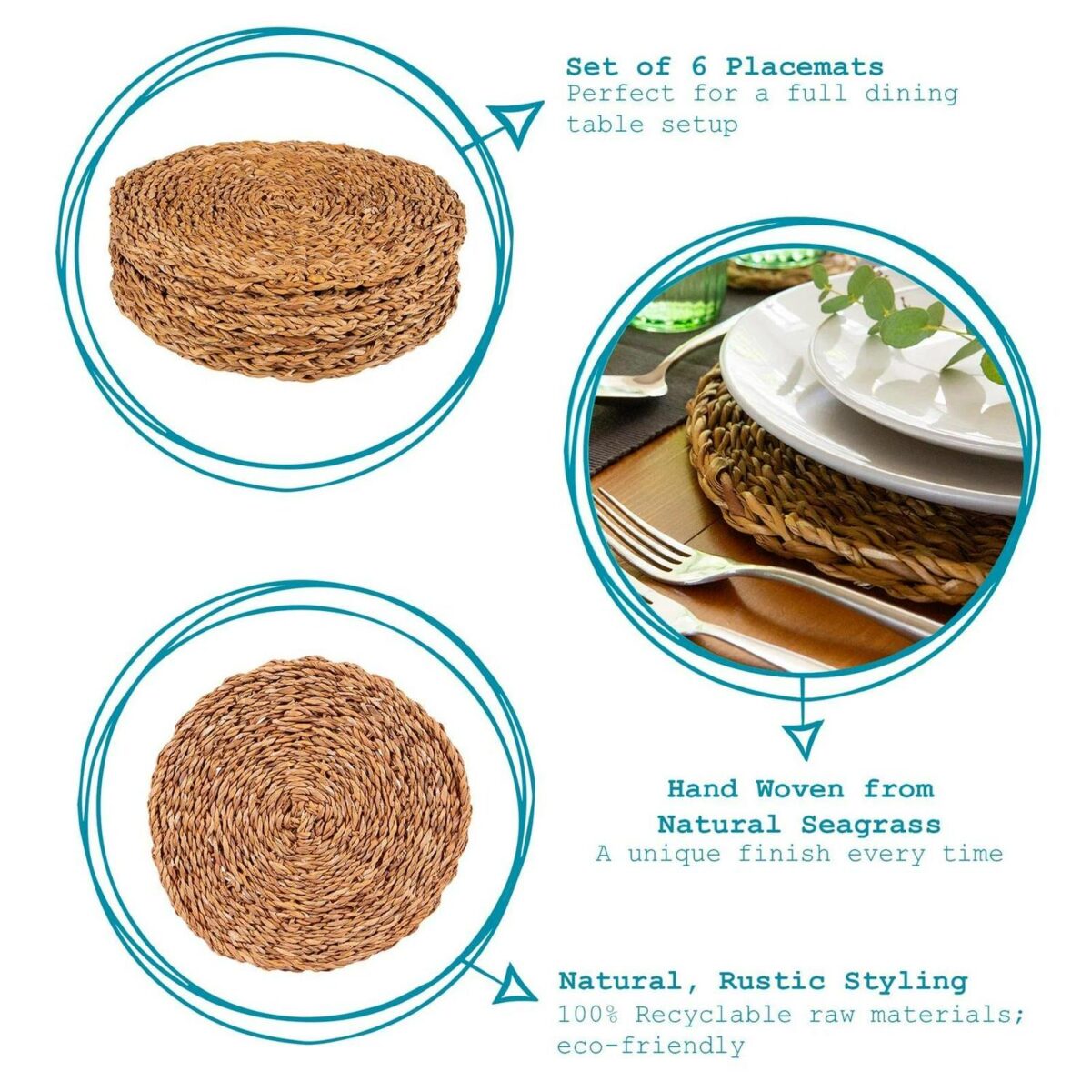 6x Round Woven Seagrass Placemats Rustic Dining Table Place Setting 30cm Brown - Image 2