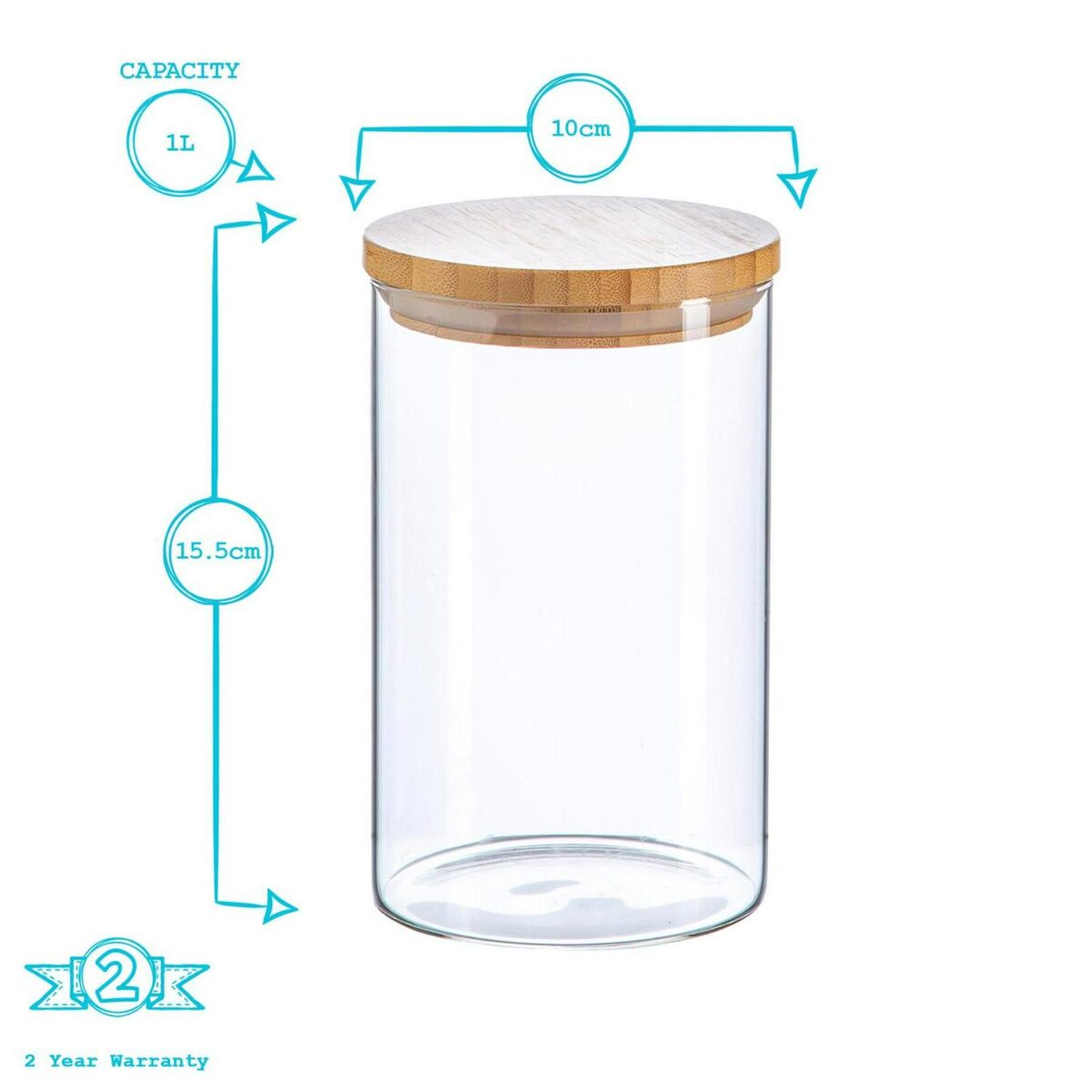 6x Scandi Glass Storage Jars with Wooden Lids Kitchen Food Canister 1 Litre - Image 3