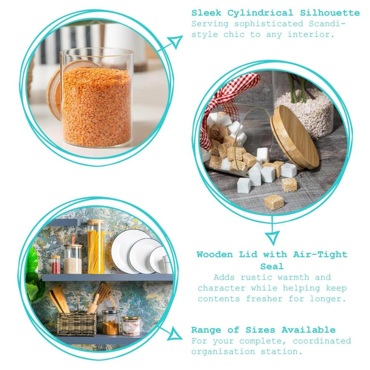 6x Scandi Glass Storage Jars with Wooden Lids Kitchen Food Canister 550ml - Image 2