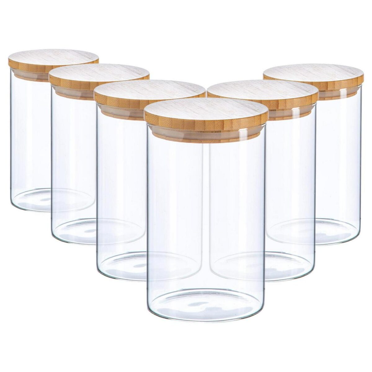 6x Scandi Glass Storage Jars with Wooden Lids Kitchen Food Canister 1 Litre - Image 1