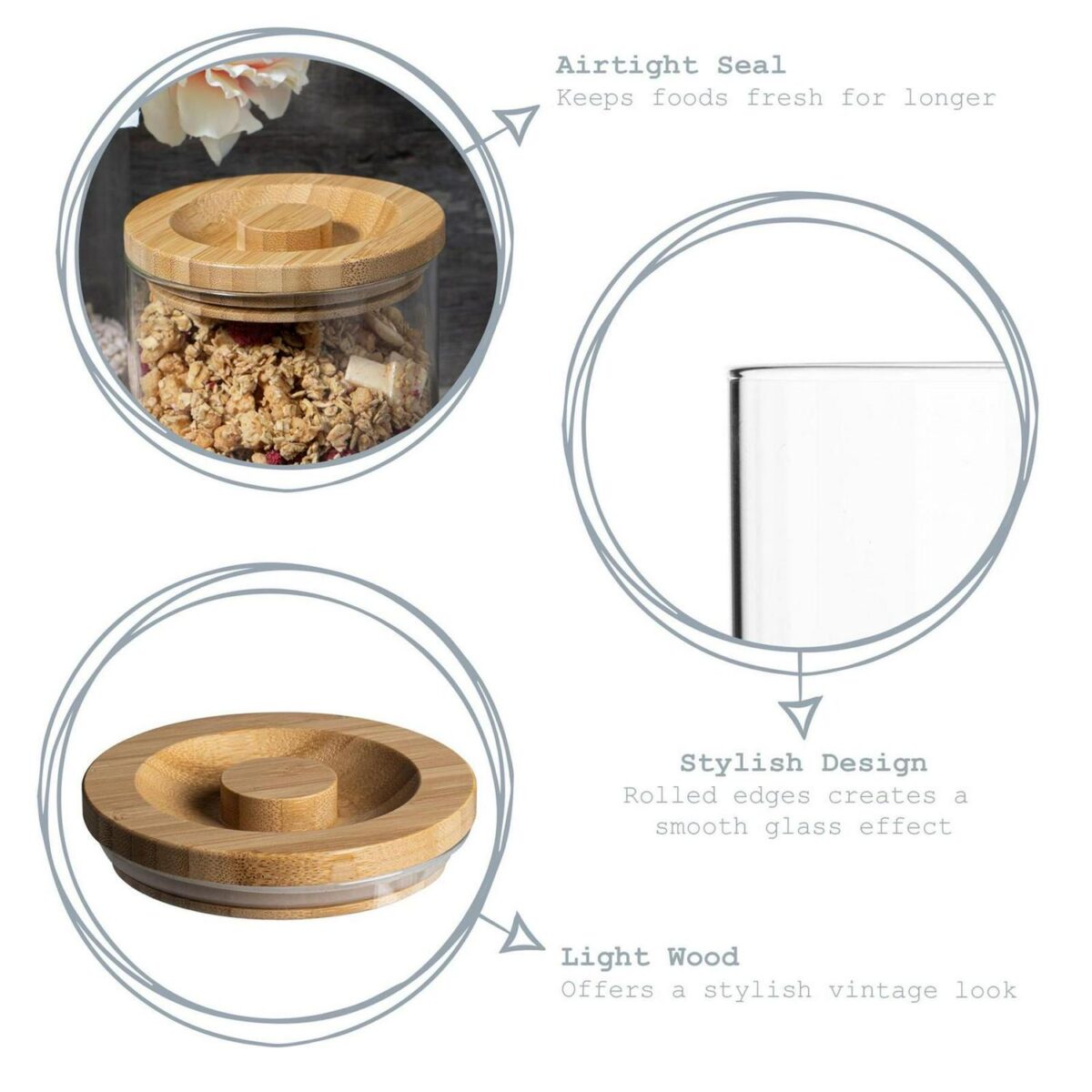 6x Scandi Storage Jar and Wooden Lid Modern Food Kitchen Container 550ml Clear - Image 2