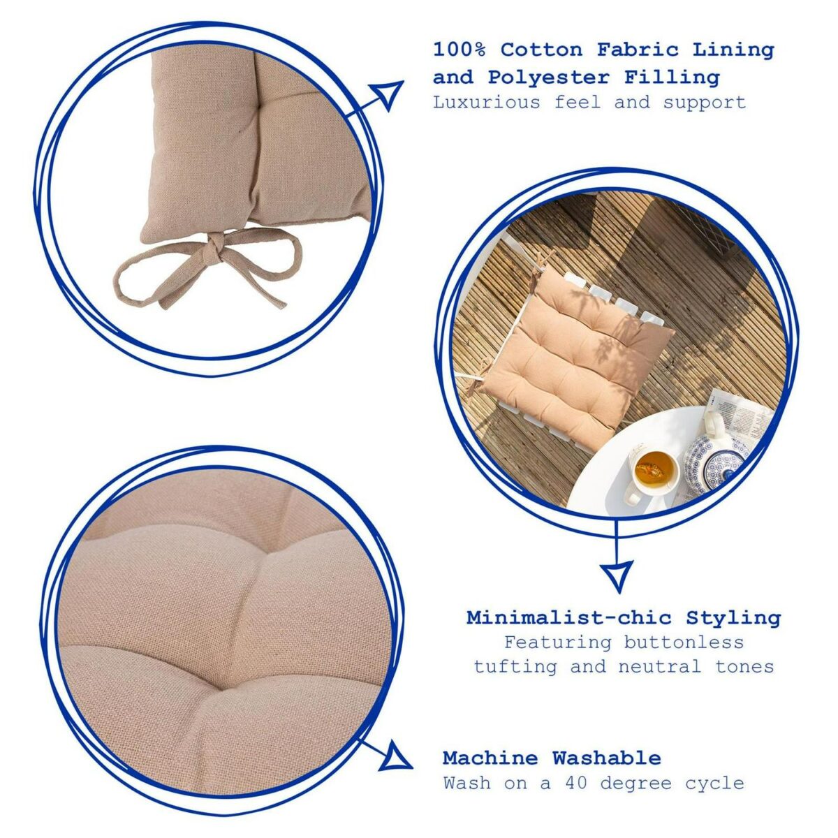 6x Square Garden Chair Seat Cushions Cotton Polyester Outdoor Dining Natural - Image 2