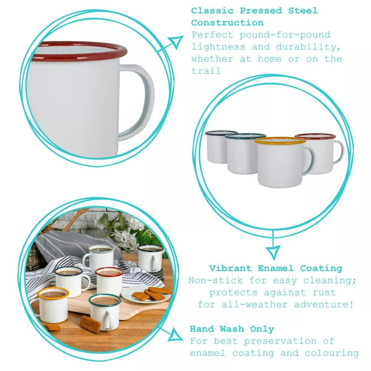 6x White Enamel Mugs Metal Camping Tea Coffee Hot Drinks Cups Set 375ml Black - Image 2