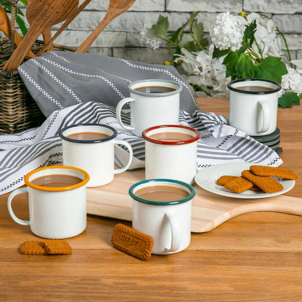6x White Enamel Mugs Metal Camping Tea Coffee Hot Drinks Cups Set 375ml Black - Image 7