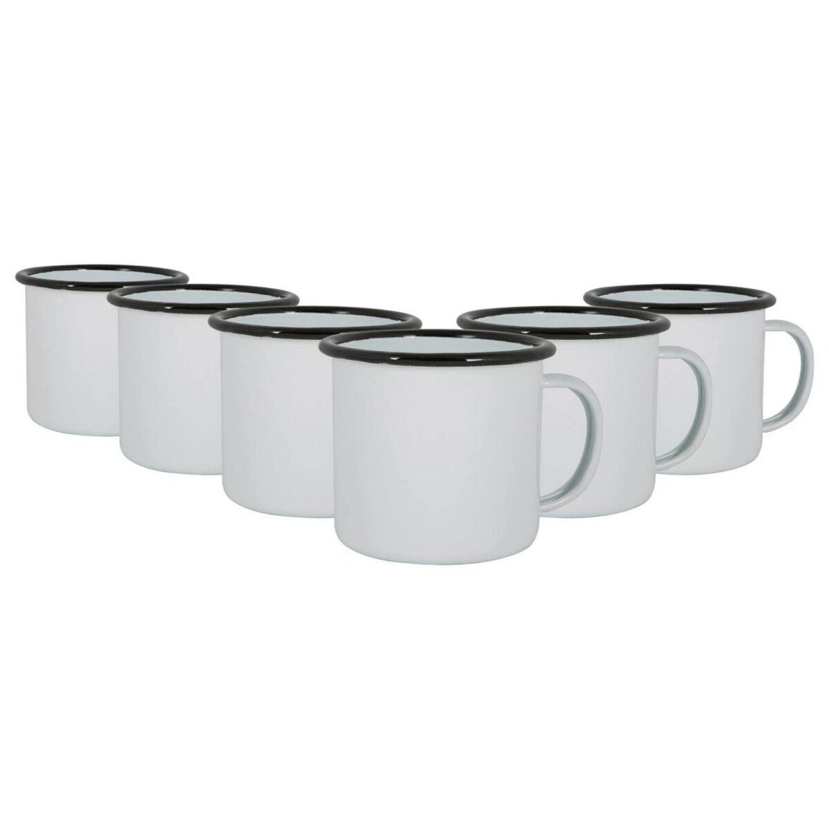 6x White Enamel Mugs Metal Camping Tea Coffee Hot Drinks Cups Set 375ml Black - Image 1